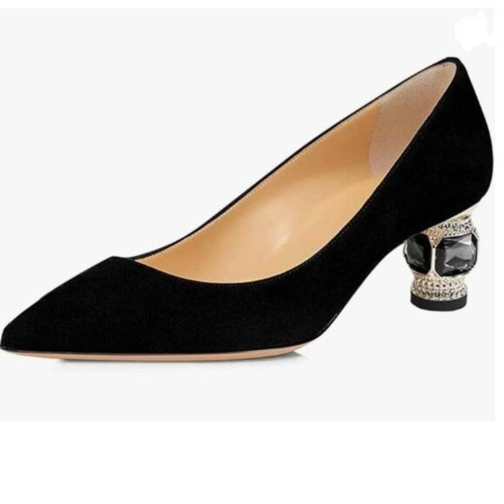 FSJ Black Suede Crystal Pumps Slip on Wedding Shoes